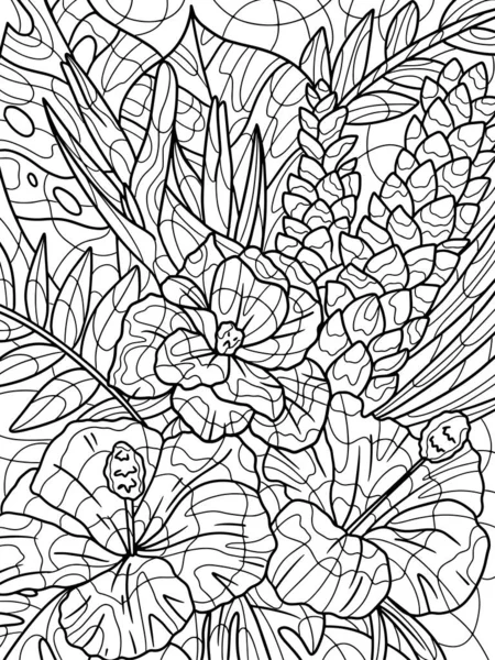 Exotic bouquet of flowers, hibiscus tea. Antistress for children and adults. Illustration on white background. Zen-tangle style. Hand draw