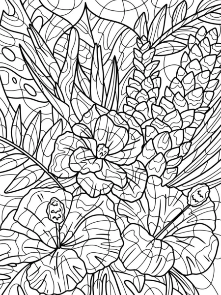 Exotic bouquet of flowers, hibiscus tea. Antistress for children and adults. Illustration on white background. Zen-tangle style. Hand draw