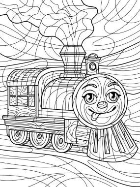 Live train wagon, fun railway transport. Antistress for children and adults. Illustration on white background. Zen-tangle style. Hand draw