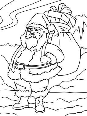 Santa Claus with a bag of toys, gifts. Dense forest, children coloring book. Black lines, white background, raster illustration.