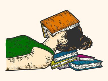 Young girl sleeping book her face. Engraving vector illustration. Sketch scratch board imitation color.