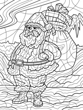 Santa Claus with a bag of toys, gifts. Dense forest. Antistress for children and adults. Illustration on white background. Zen-tangle style. Hand draw