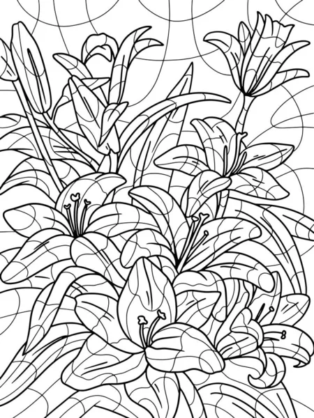 Lily Flowers Coloring Page Book Antistress Children Adults Illustration White — 스톡 벡터