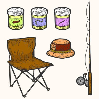 Fisherman set, fishing rod, folding chair, fishing rod bait, hat. Engraving raster illustration color.