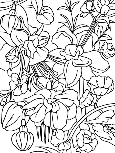Färgning Bukett Fuchsia Blommor Handritad Illustration Frihandsskiss För Vuxna Antistress — Stockfoto