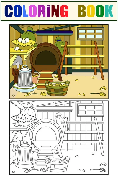 Set interior of an agricultural building coloring background and color. Chicken coop with furniture and items example. Raster illustration.