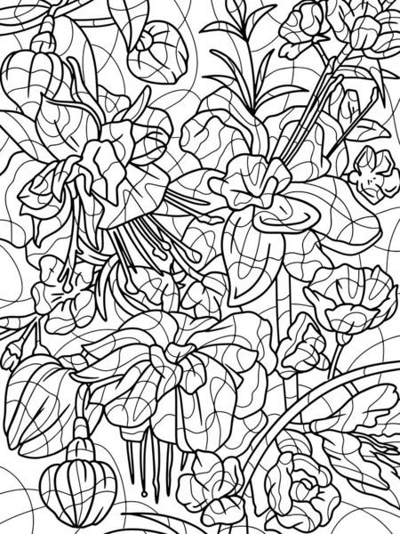 Kolorowanki Bukiet Fuksja Kwiaty Ręcznie Rysowane Ilustracja Antystresowe Dla Dzieci — Zdjęcie stockowe