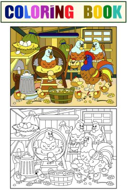 Set color and coloring book Agricultural premises, chicken coop. Farm bird, chicken family. Raster illustration, page for printable children. clipart