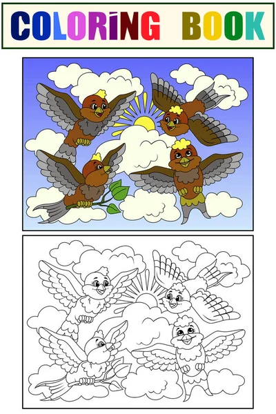 Set Kleuren Kleurboek Vier Mussen Lucht Kinderen Vector Illustratie — Stockvector