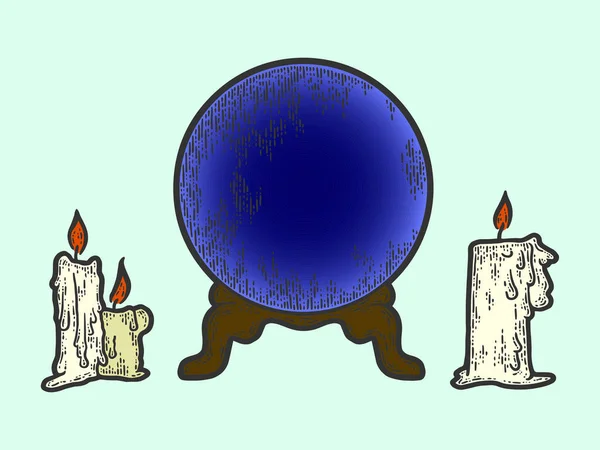 Candle sketch and magic ball. A set of different candles in an old candlestick. Hand drawn raster illustration. Raster illustration