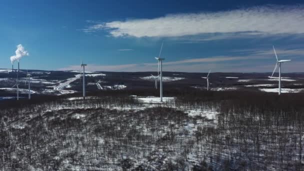 Aerial Shot Wind Farm Snow Covered Mountaintop Allegheny Mountains West — Stock Video