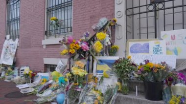 Rusya 'nın Ukrayna' yı işgalinden sonra Ukrayna halkına verilen çiçekler ve destek işaretleri Washington 'daki Ukrayna Büyükelçiliği' nin ön basamaklarında görüldü..