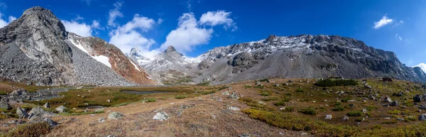 Wyoming 'in Rüzgar Nehri Sıradağları' nda Taret Tepesi, Sırt Sırtı Sırtı Geçidi, Blaurock Geçidi ve Febbas Dağı 'nın (soldan sağa) panoramik görüntüsü. Bull Lake Creek 'in Kuzey Çatalı ön planda görülebilir..