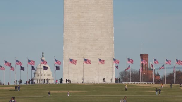 ワシントンDcのワシントン記念碑の基部では アメリカ国旗が風になびいています 観光客でにぎわっています 遠くには アメリカの首都の象徴的なドームを見ることができます — ストック動画