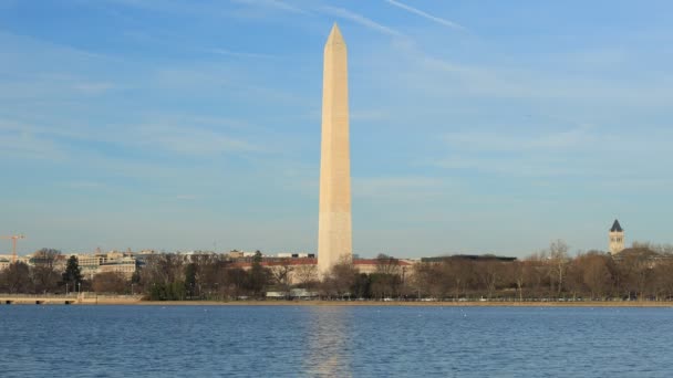 ワシントンD のワシントン記念碑とタイダルベイスンのメディアショット冬の初めに オベリスクの反射が波打つ水に見られます — ストック動画