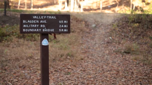 Drogówka Dla Valley Trail Stoi Pośród Kolorowych Liści Rock Creek — Wideo stockowe