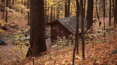 Tyro, Virginia / ABD - 6 Kasım 2019: George Washington Ulusal Ormanı 'nın Three Ridges Wilderness' ındaki Harpers Creek barınağında yürüyüşçüler takılıyor..