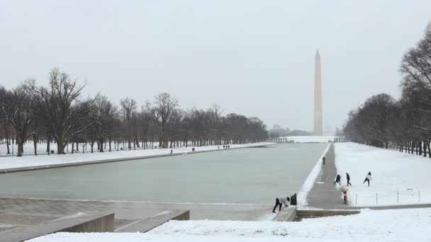 雪の日にリンカーン記念館を訪れ 若い男性のグループが雪玉を投げます ワシントン記念碑が後ろに見えます — ストック動画