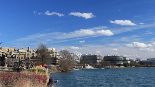 冬の日にワシントンDcのジョージタウンのウォーターフロントとポトマック川 ウォーターゲート ホテルとケネディ センターが遠くに見える 青空と雲が頭上に カメラは右にパン — ストック動画