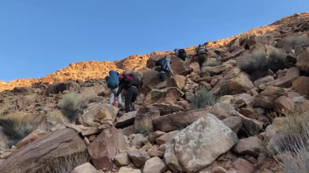 背包客爬上黑暗峡谷中陡峭的圣丹斯小路 黑暗峡谷是Manti Sal 熊耳朵国家纪念碑的一个主要地质特征在犹他州 — 图库视频影像