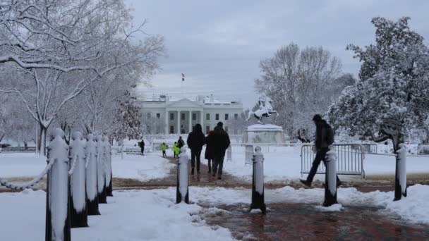 在一场冬季的风暴之后 一台山猫机从白宫附近的拉法叶广场的人行道上扫雪 观光客参观总统公园 — 图库视频影像