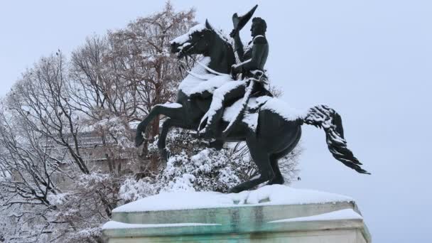 ホワイトハウス近くのラファイエット公園にあるアンドリュー ジャクソン大統領の像は 冬の嵐の後 雪に覆われています — ストック動画
