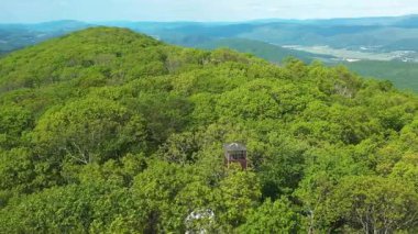 Terk edilmiş Big Ridge Yangın Kulesi 'nin hava yörüngesi. 1935' te inşa edilen 80 'lik metal yapı. Şu anda WV' deki Lost River State Park 'taki ağaç hattının üzerinde çürüyor. Yaz yaprakları tarihi bölgeyi çevreledi.