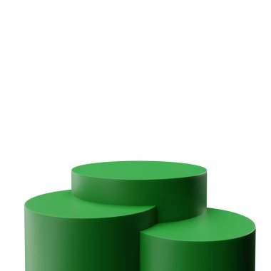 Ürün gösterisi ve reklamı için 3D gerçekçi yorumlama en az 3 yuvarlak şekilli geometrik yeşil podyum