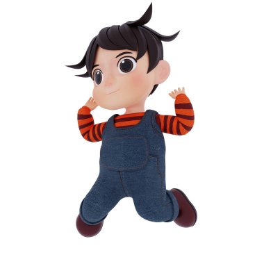 Sevimli çocuk 3D atlamaktan mutlu. Çizgili kumaş karikatür ve kot pantolon kullanarak resimleme yapıyor.
