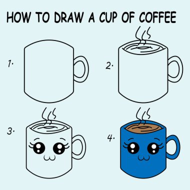 How to draw a Cup of coffee. Good for drawing child kid illustration. Vector illustration
