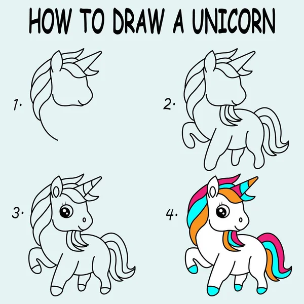 Step Step Draw Cute Unicorn Drawing Tutorial Cute Unicorn Drawing — Διανυσματικό Αρχείο