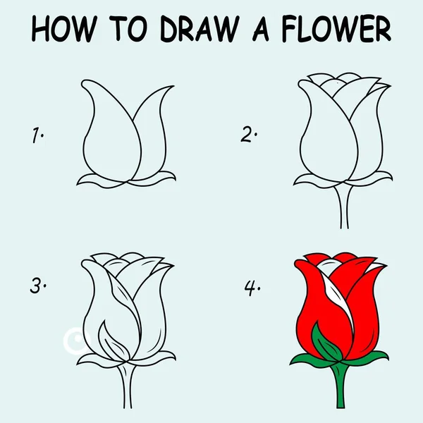 Step Step Draw Flower Drawing Tutorial Flower Drawing Lesson Children — ストックベクタ