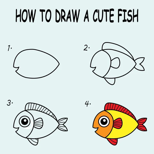 Step Step Draw Fish Drawing Tutorial Fish Drawing Lesson Children — Διανυσματικό Αρχείο