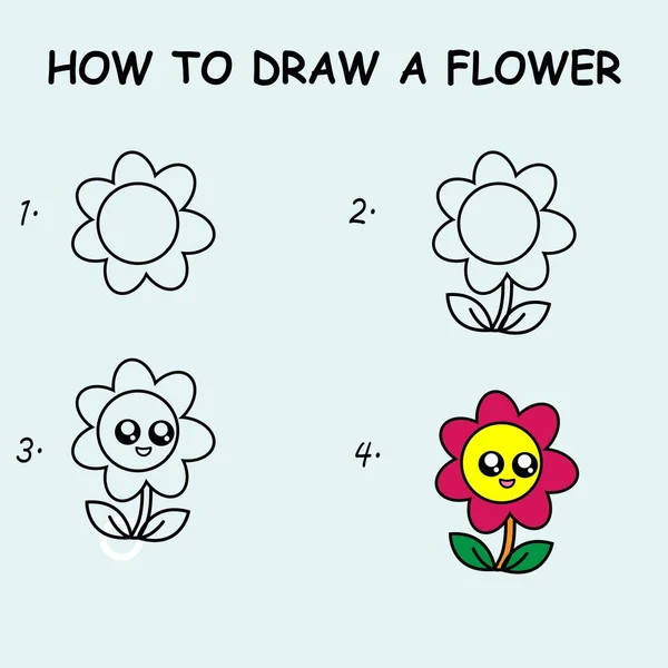 Step Step Draw Sun Flower Drawing Tutorial Sun Flower Drawing — ストックベクタ