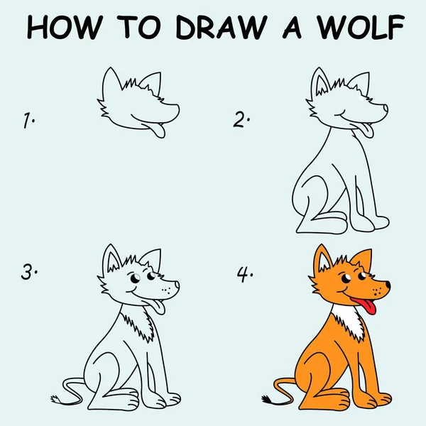 Step Step Draw Wolf Drawing Tutorial Wolf Drawing Lesson Children — ストックベクタ