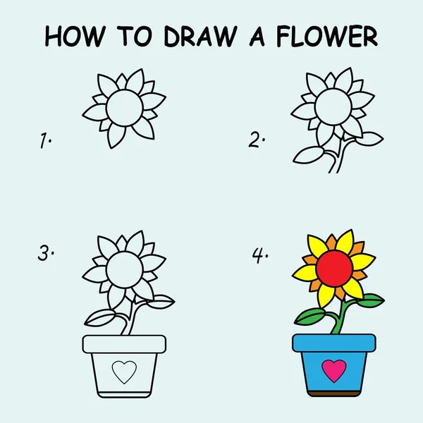 Step Step Draw Flower Drawing Tutorial Flower Drawing Lesson Children — 스톡 벡터