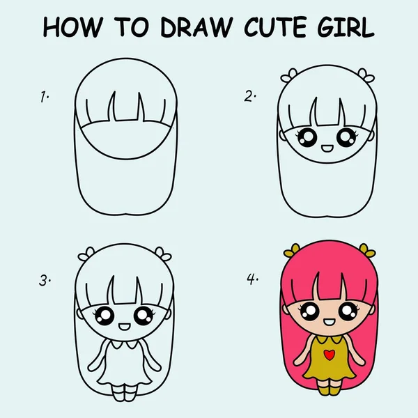 Step Step Draw Cute Girl Drawing Tutorial Cute Girl Drawing - Stok Vektor