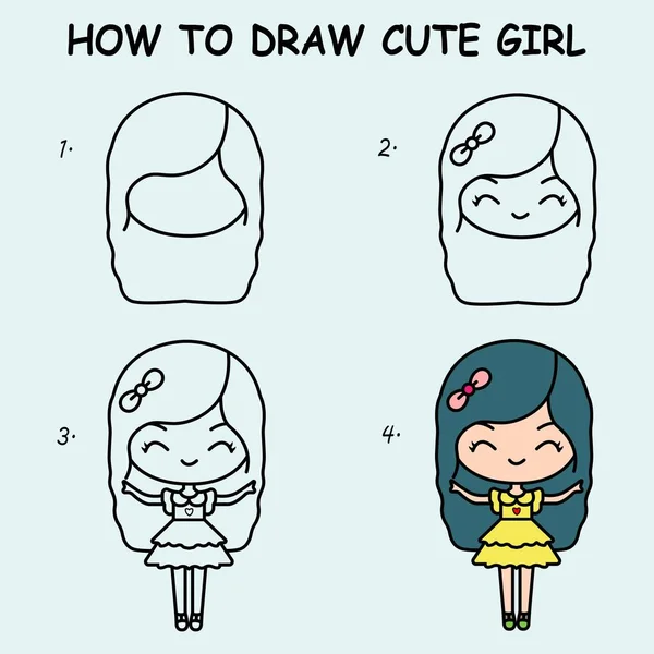 Step Step Draw Cute Girl Drawing Tutorial Cute Girl Drawing — Stok Vektör