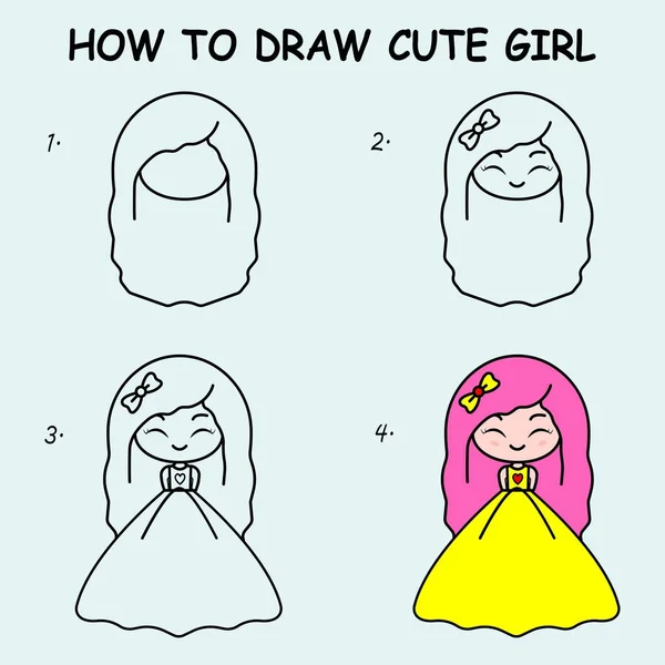 Step Step Draw Cute Girl Drawing Tutorial Cute Girl Drawing — 스톡 벡터