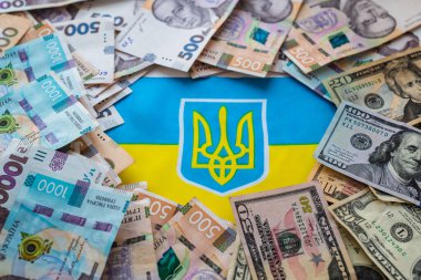 Ukrainian currency hryvnia and American dollar on the background of the Ukrainian flag. State assistance to citizens in connection with the war in Ukraine.