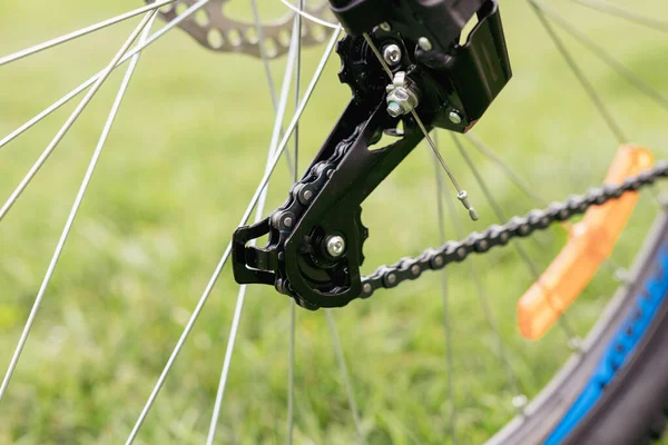 stock image Bicycle gears, disc brake and rear derailleur. The switches are on the steering wheel