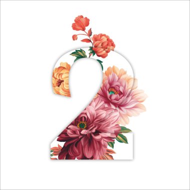 İki numara beyaz arka planda güzel çiçeklerle süslenmiş.