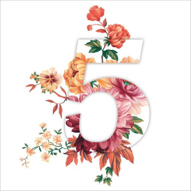 Beş numara güzel çiçeklerle süslenmiş ve beyaz arka planda taze.