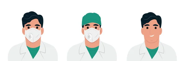 前线英雄是医生的例证 男医生穿着实验室外套 戴着面具和帽子 平面风格 — 图库矢量图片