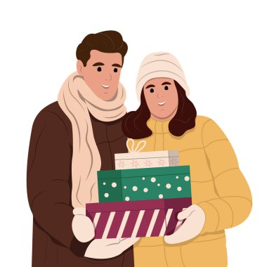 Alışveriş yapan mutlu çift. Erkekler ve kadınlar Noel 'i kutlamaya hazırlanıyorlar. Düz vektör illüstrasyonu