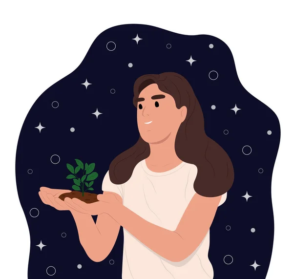 stock vector World Soil Day is held annually on December 5. The girl is holding a green plant in her hands. Forest restoration, reforestation planting trees