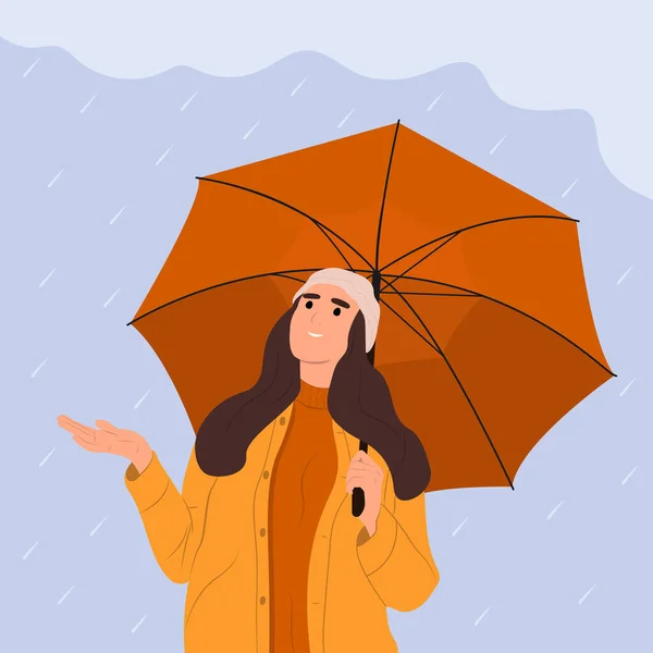 Stagione Delle Piogge Con Ombrello Giovane Ragazza Felice Cattura Pioggia — Vettoriale Stock