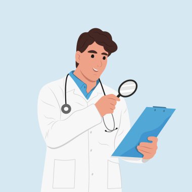 Merak konsepti. Adam elinde tablet ve steteskopla elinde büyüteçle bir şeye bakan bir doktor.