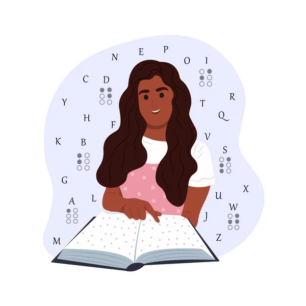 世界点字の日 黒人の笑顔のアフリカ系アメリカ人女性は点字で何かを読む 世界点字の日 — ストックベクタ