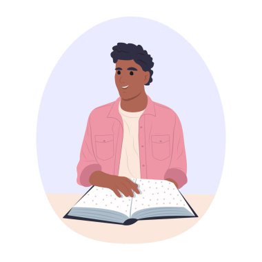 National Reading Day in America. We read together. A young smiling African American man is holding and reading a very interesting book. World Braille Day.